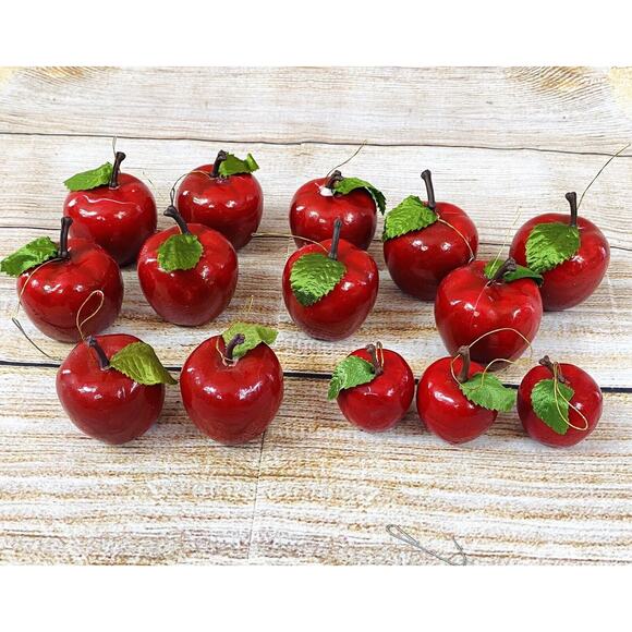 Vtg Lot 14 Mixed Sizes Shiny Red Apple Lacquer Ornaments Green Leaf Christmas - Picture 1 of 4